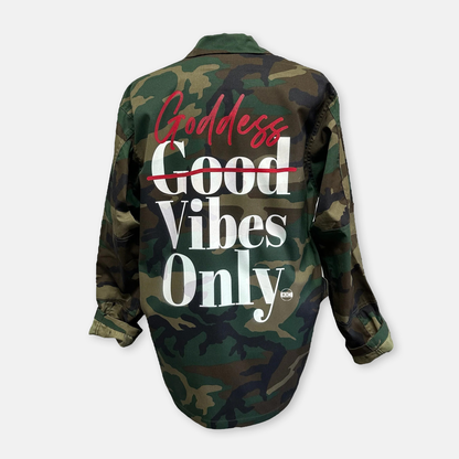 Good' struck through and replaced by 'Goddess' above the word 'Vibes' in bold, representing the 'Goddess [Strikethrough 'Good'] Vibes Only' design by KIC NYC.