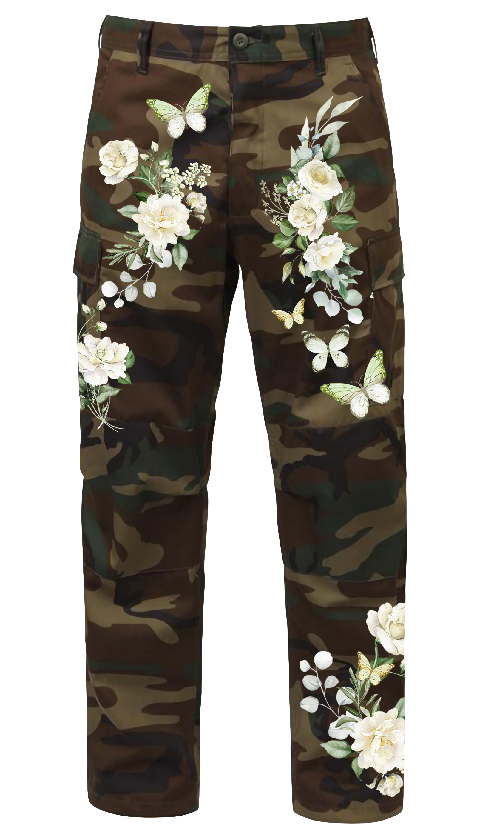 KIC NYC Floral Butterfly Embellished Camo Cargo Pants