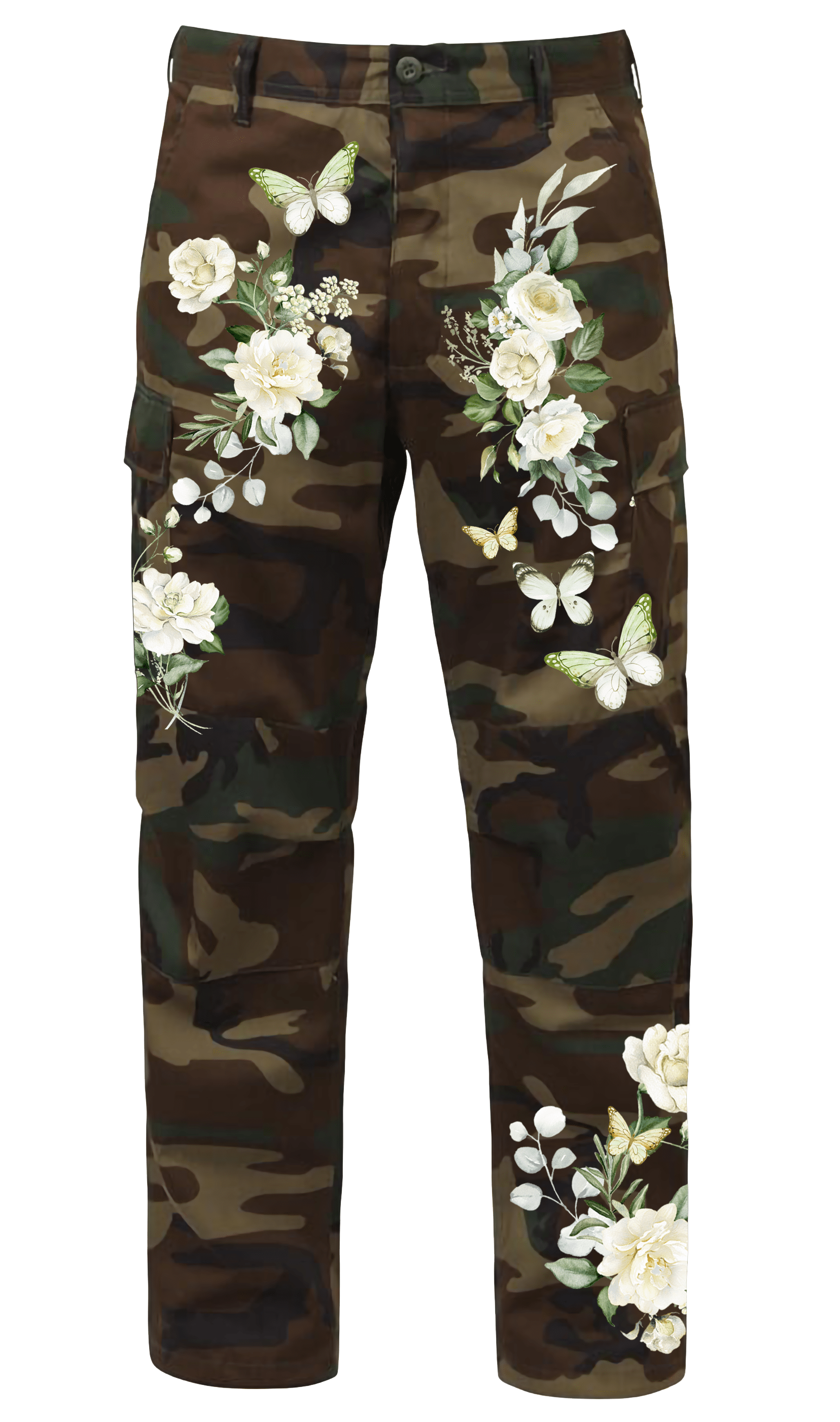 KIC NYC Floral Butterfly Embellished Camo Cargo Pants