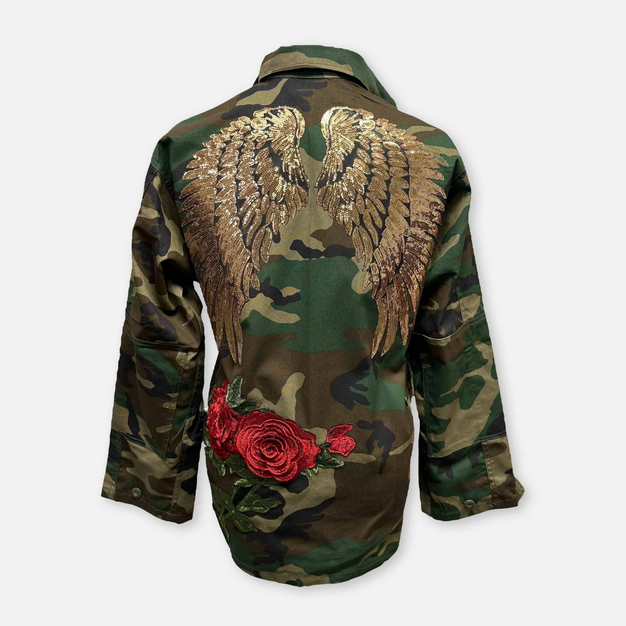 Sequins Wings with 3D Flowers Camo Jacket Fly