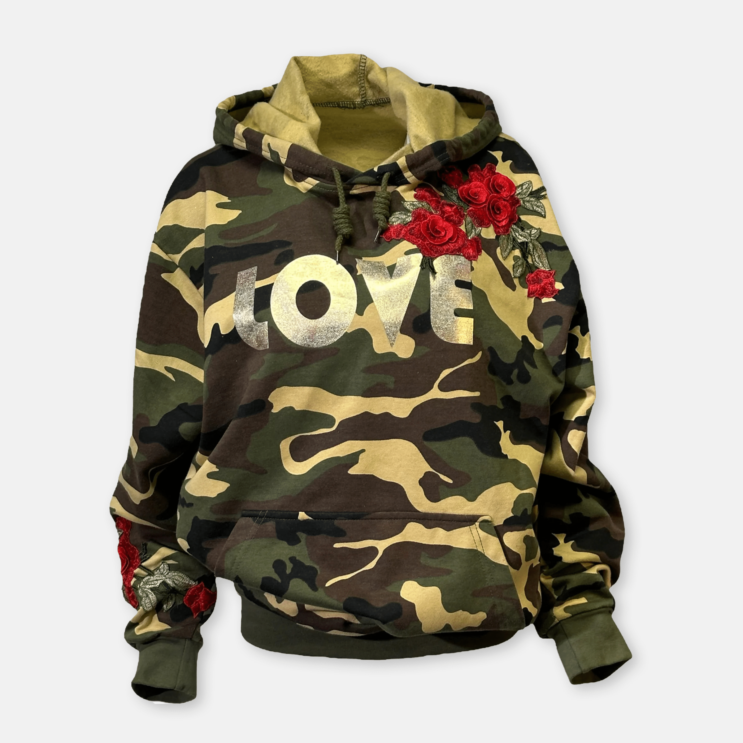 KIC NYC's Love Camo Hoodie with red 3D flowers.  Perfect for expressing bold style in daily wear.